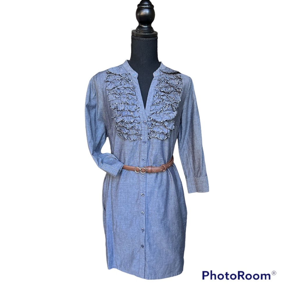 Trulli Ruffled Button Down Chambray Shirt Dress Women’s size 6 with Pockets
